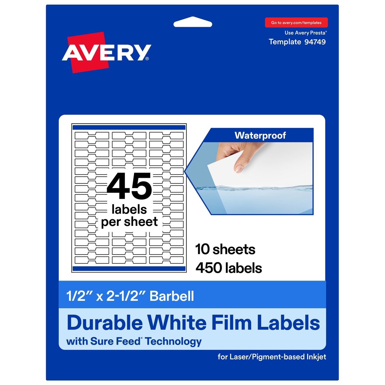 Avery Durable Waterproof Barbell Labels with Sure Feed, 1/2" x 2.5"